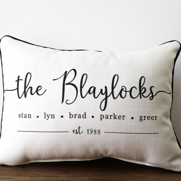 family names established custom throw pillow | accent pillow | toss pillow | bed pillow | farmhouse decor | rustic decor | modern farmhouse | shop a dash of casual home decor and gifts online or in store | Located inside the Corner Cartel in Boerne | best boerne shops for home decor vintage items accessories and gifts