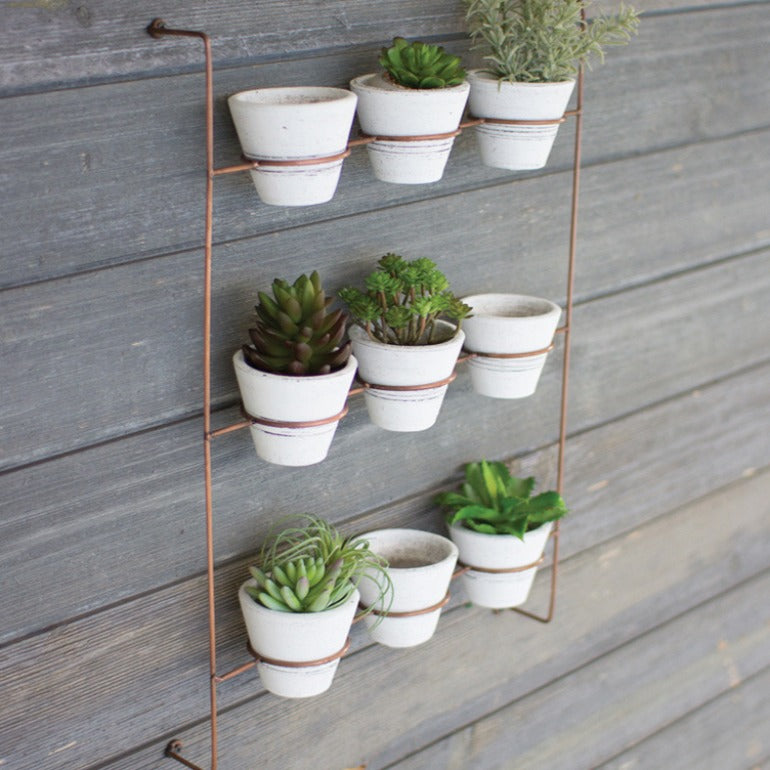 Set of 9 White Wash Clay Pots on Wall Rack