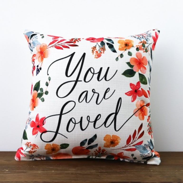 you are loved floral throw pillow | toss pillow | accent pillow | bed pillow | shop a dash of casual furniture, home décor, kitchenware, gifts, and art online or in store | Located inside the Corner Cartel in Boerne | best boerne shops for home decor vintage items accessories and gifts