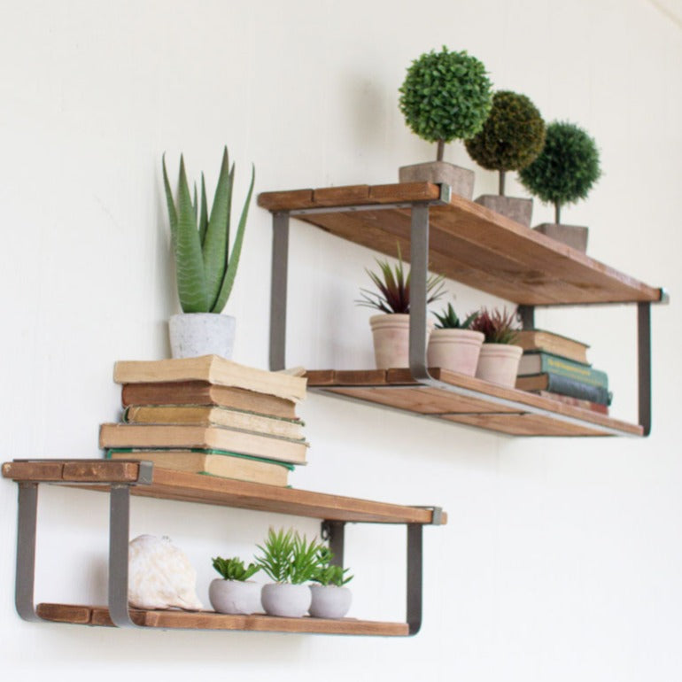 set of two recycled wood and metal shelves | floating shelves | modern farmhouse decor | rustic decor | urban industrial decor | shop a dash of casual furniture, home décor, kitchenware, gifts, and art online or in store | Located inside the Corner Cartel in Boerne | best boerne shops for home decor vintage items accessories and gifts