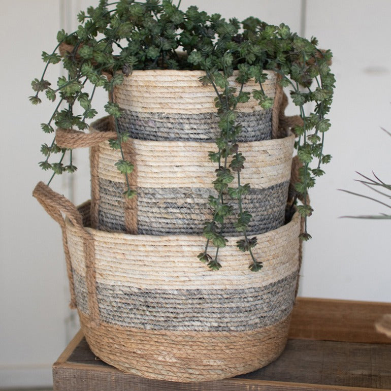 set of three round braided baskets | cream, gray, and tan braided baskets | farmhouse decor | shop a dash of casual furniture, home décor, kitchenware, gifts, and art online or in store | Located inside the Corner Cartel in Boerne | best boerne shops for home decor vintage items accessories and gifts
