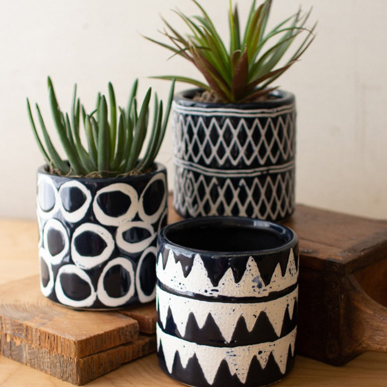 set of three navy and white ceramic patterned planters | ceramic flower pots | modern succulent pots | shop a dash of casual furniture, home décor, kitchenware, gifts, and art online or in store | Located inside the Corner Cartel in Boerne | best boerne shops for home decor vintage items accessories and gifts