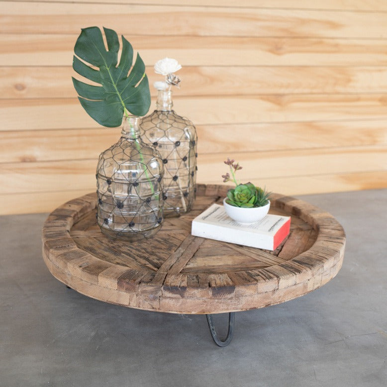 recycled wood round display tray | modern farmhouse decor | rustic home decor | shop a dash of casual furniture, home décor, kitchenware, gifts, and art online or in store | Located inside the Corner Cartel in Boerne | best boerne shops for home decor vintage items accessories and gifts