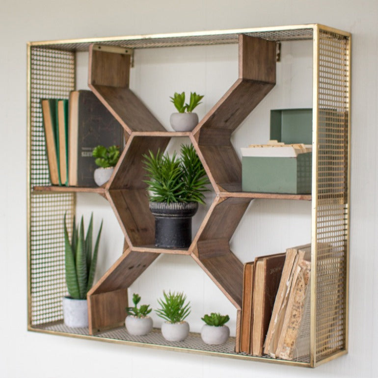 honeycomb shelf, antique brass shelf, unique wall shelf