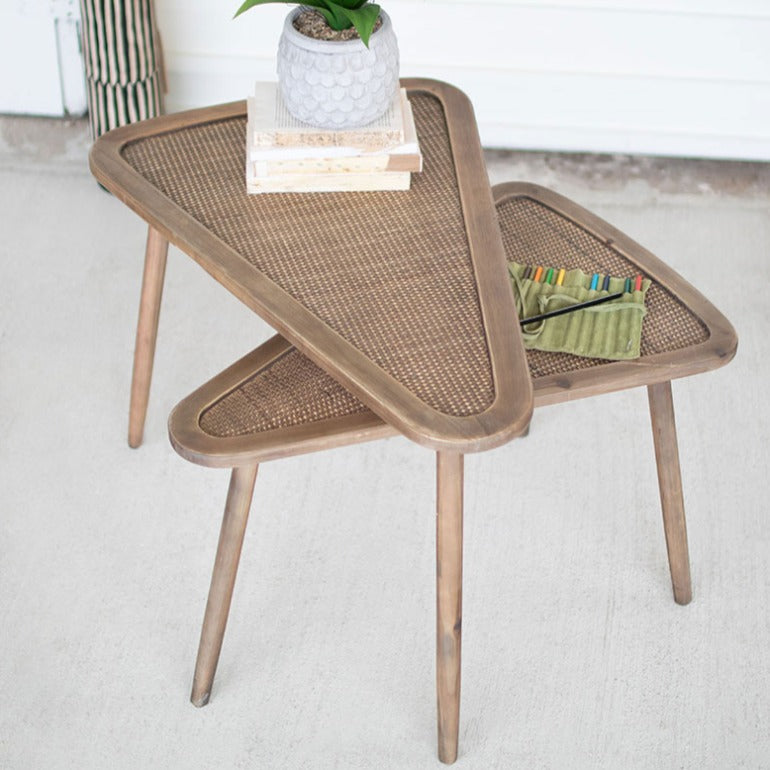 set of two wooden triangle nesting tables | mid-century modern inspired accent tables | modern farmhouse decor | boho bohemian decor |  shop a dash of casual furniture, home décor, kitchenware, gifts, and art online or in store | Located inside the Corner Cartel in Boerne | best boerne shops for home decor vintage items accessories and gifts
