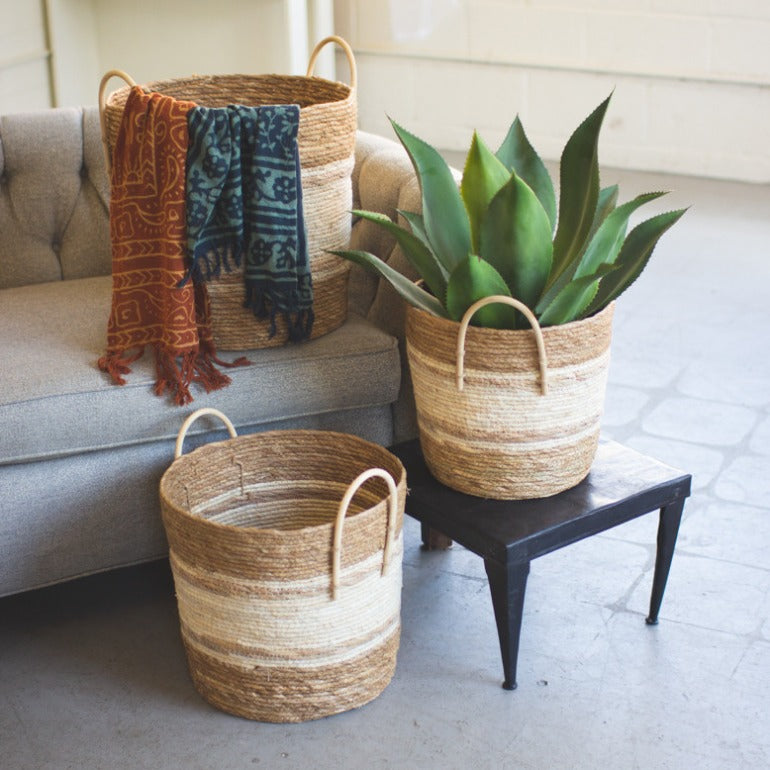 set of three two-toned natural round baskets | farmhouse decor | home storage and organization | laundry baskets | shop a dash of casual furniture, home décor, kitchenware, gifts, and art online or in store | Located inside the Corner Cartel in Boerne | best boerne shops for home decor vintage items accessories and gifts