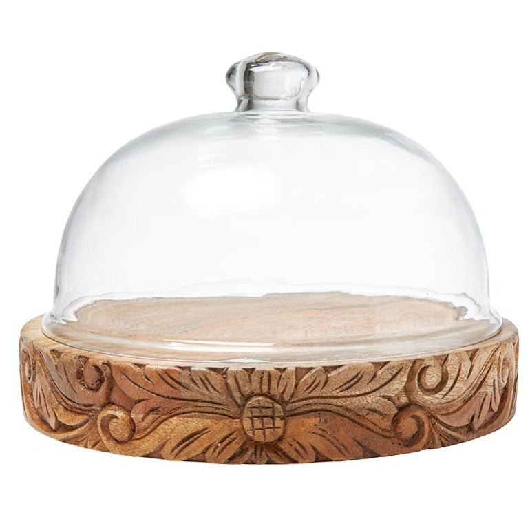 Large Glass Dome Carved Wooden Base