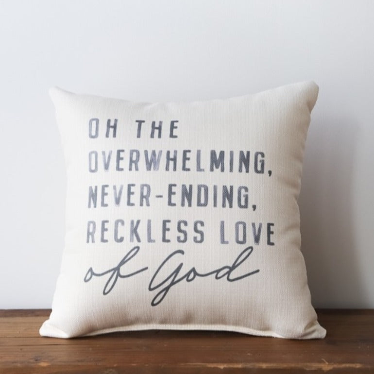 reckless love of God pillow | toss pillow | throw pillow | accent pillow | bed pillow | casual farmhouse home decor | shop a dash of casual furniture, home décor, kitchenware, gifts, and art online or in store | Located inside the Corner Cartel in Boerne | best boerne shops for home decor vintage items accessories and gifts