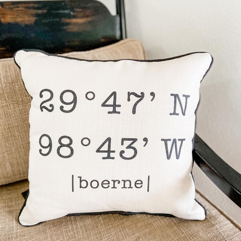 custom typewriter coordinates throw pillow | accent pillow | bed pillow | toss pillow | shop a dash of casual home decor and gifts online or in store | Located inside the Corner Cartel in Boerne | best boerne shops for home decor vintage items accessories and gifts