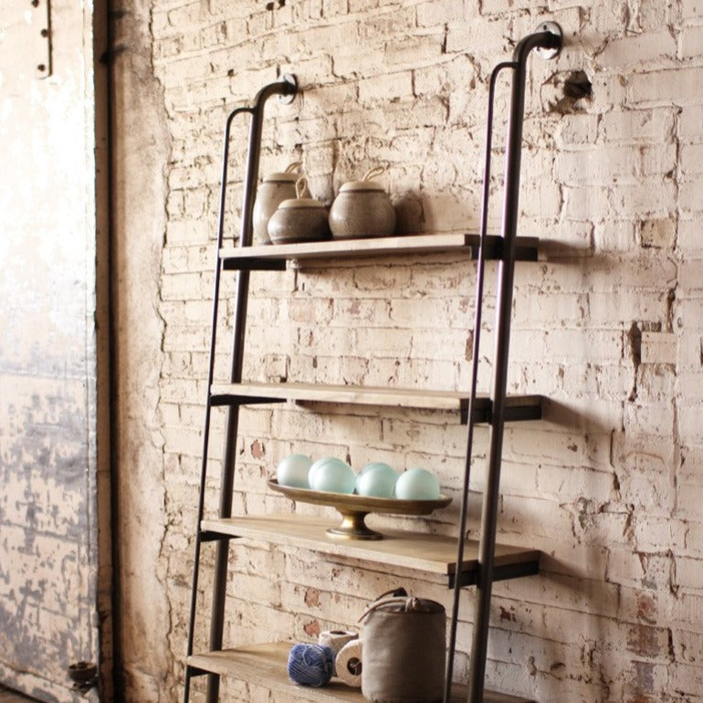Large wood and metal leaning shelving unit | bookshelf furniture | modern farmhouse urban rustic home decor | shop a dash of casual home décor, kitchenware, gifts, and art online or in store | Located inside the Corner Cartel in Boerne | best boerne shops for home decor vintage items accessories and gifts