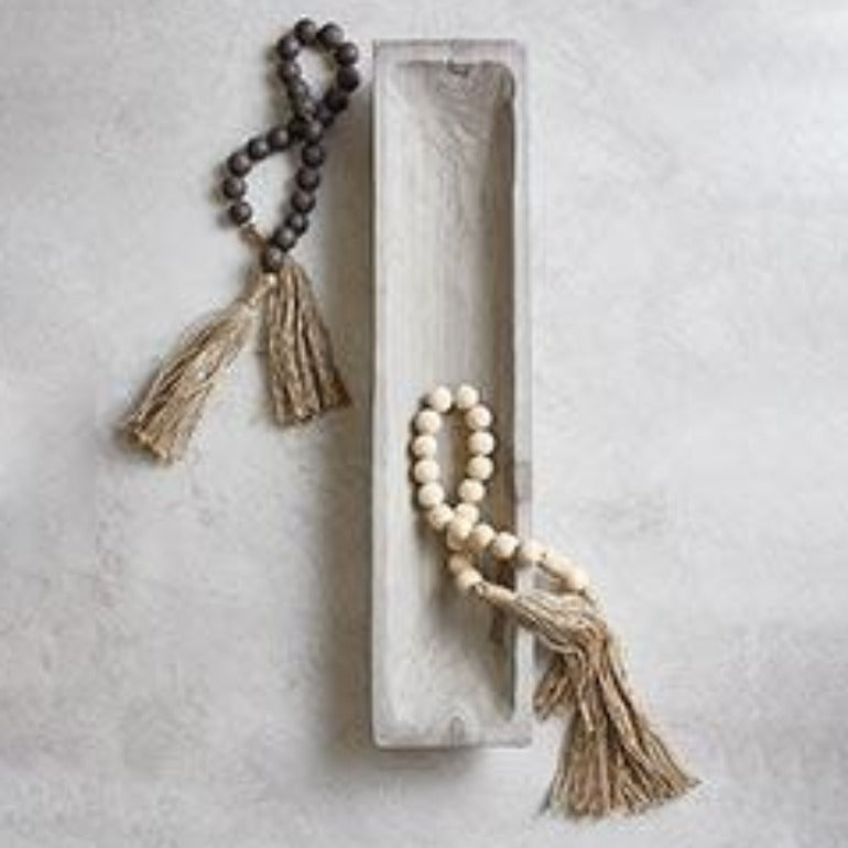 wood beads | dark charcoal with jute wooden beads | decorative wood beads | modern farmhouse decor | rustic decor | wood beads with tassel | shop a dash of casual furniture, home décor, kitchenware, gifts, and art online or in store | Located inside the Corner Cartel in Boerne | best boerne shops for home decor vintage items accessories and gifts