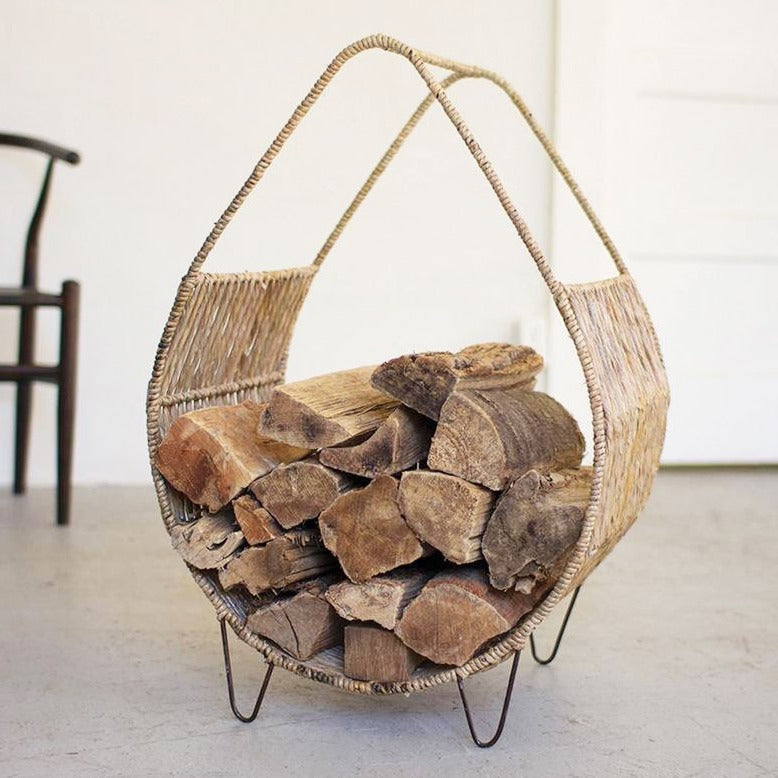 woven rush and metal firewood rack | basket weave firewood rack | rattan wicker | farmhouse decor | modern farmhouse home decor | shop a dash of casual furniture, home décor, kitchenware, gifts, and art online or in store | Located inside the Corner Cartel in Boerne | best boerne shops for home decor vintage items accessories and gifts
