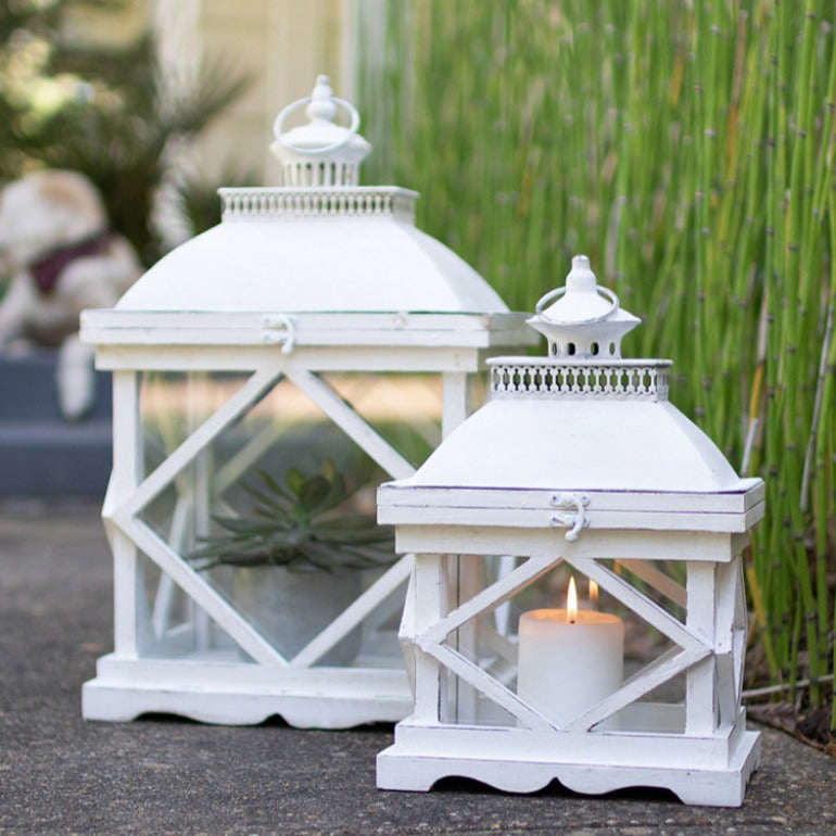 Set of 2 Rustic White Wooden Lanterns