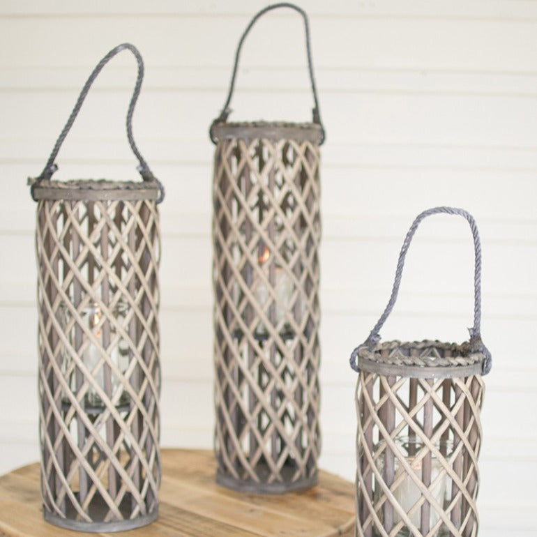 set of three grey willow lanterns | candle holders | rustic modern farmhouse home decor | beachy boho bohemian home decor accessories | shop a dash of casual furniture, home décor, kitchenware, gifts, and art online or in store | Located inside the Corner Cartel in Boerne | best boerne shops for home decor vintage items accessories and gifts