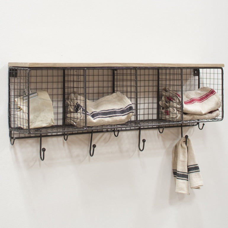 large wire mesh cubbies with wooden top | floating wall shelf | bathroom storage and home organization | modern farmhouse rustic home decor | shop a dash of casual home décor, kitchenware, gifts, and art online or in store | Located inside the Corner Cartel in Boerne | best boerne shops for home decor vintage items accessories and gifts