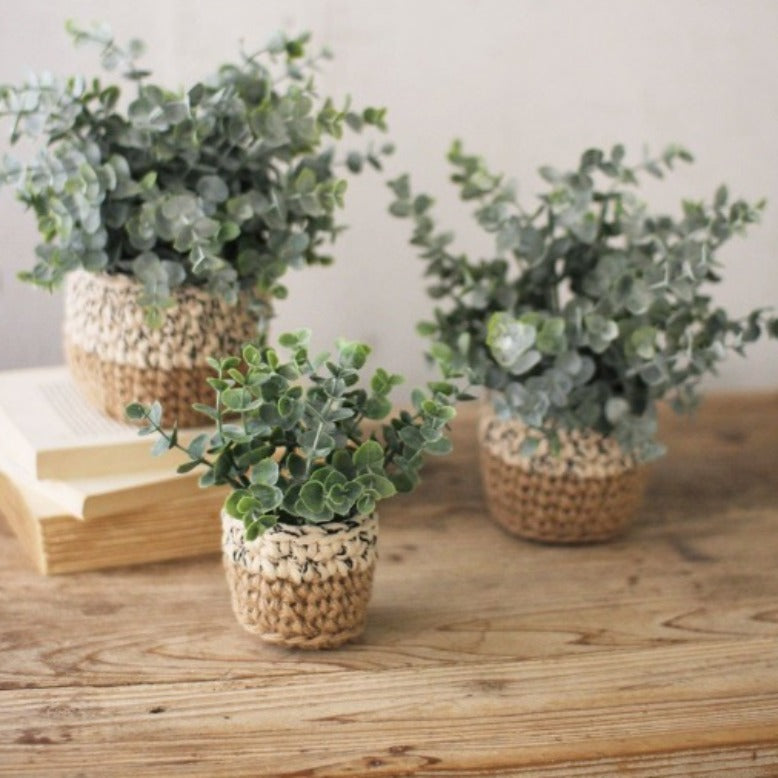 set of three artificial eucalyptus plans in woven pots | faux flowers | farmhouse decor | traditional home decor | boho bohemian home decor and accents | shop a dash of casual furniture, home décor, kitchenware, gifts, and art online or in store | Located inside the Corner Cartel in Boerne | best boerne shops for home decor vintage items accessories and gifts