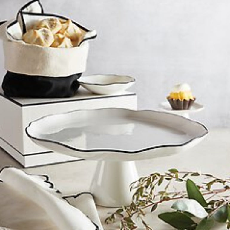 pedestal tray cake plate with black trim | kitchenware | serving piece | entertaining | foodie housewarming or holiday gift | farmhouse kitchen decor & accessories | shop a dash of casual furniture, home décor, kitchenware, gifts, and art online or in store | Located inside the Corner Cartel in Boerne | best boerne shops for home decor vintage items accessories and gifts