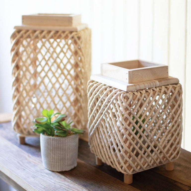 Set of 2 Wooven Rope and Wood Lanterns