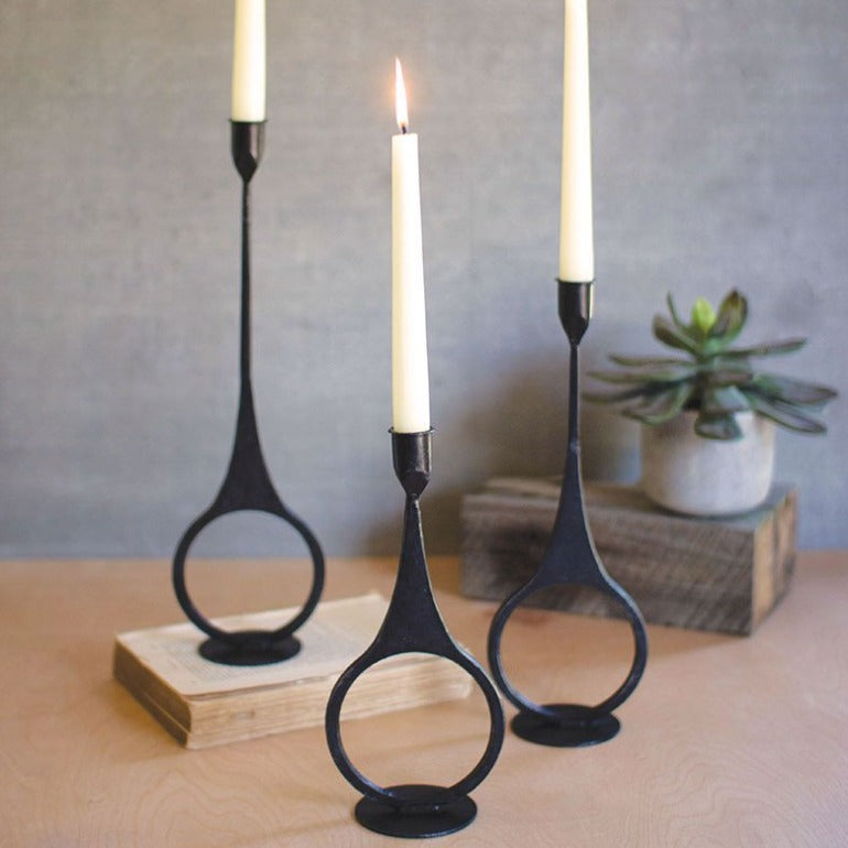 set of three cast iron taper candle holders with ring detail | modern candle holders | rustic industrial home decor | farmhouse decor | shop a dash of casual furniture, home décor, kitchenware, gifts, and art online or in store | Located inside the Corner Cartel in Boerne | best boerne shops for home decor vintage items accessories and gifts