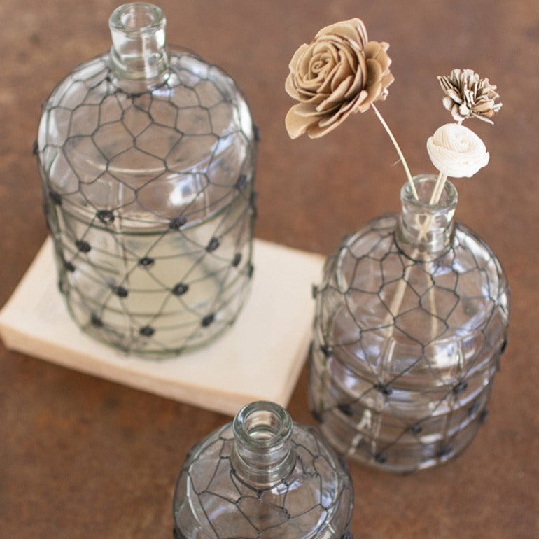 set of three wire-wrapped glass jugs | demijohns | demi johns | modern farmhouse decor | rustic decor | shop a dash of casual furniture, home décor, kitchenware, gifts, and art online or in store | Located inside the Corner Cartel in Boerne | best boerne shops for home decor vintage items accessories and gifts